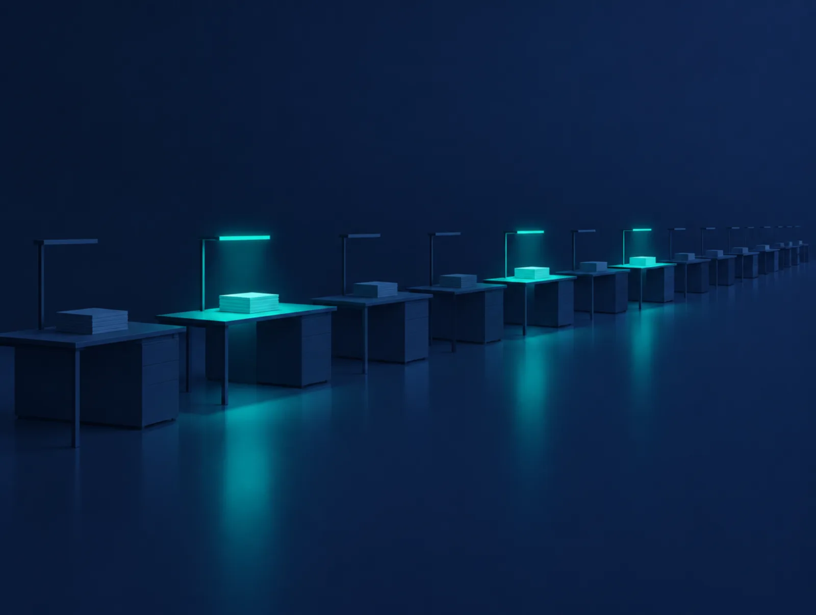 Row of identical workstations in navy; three of them are lit with a teal work lamp and a glowing indicator light