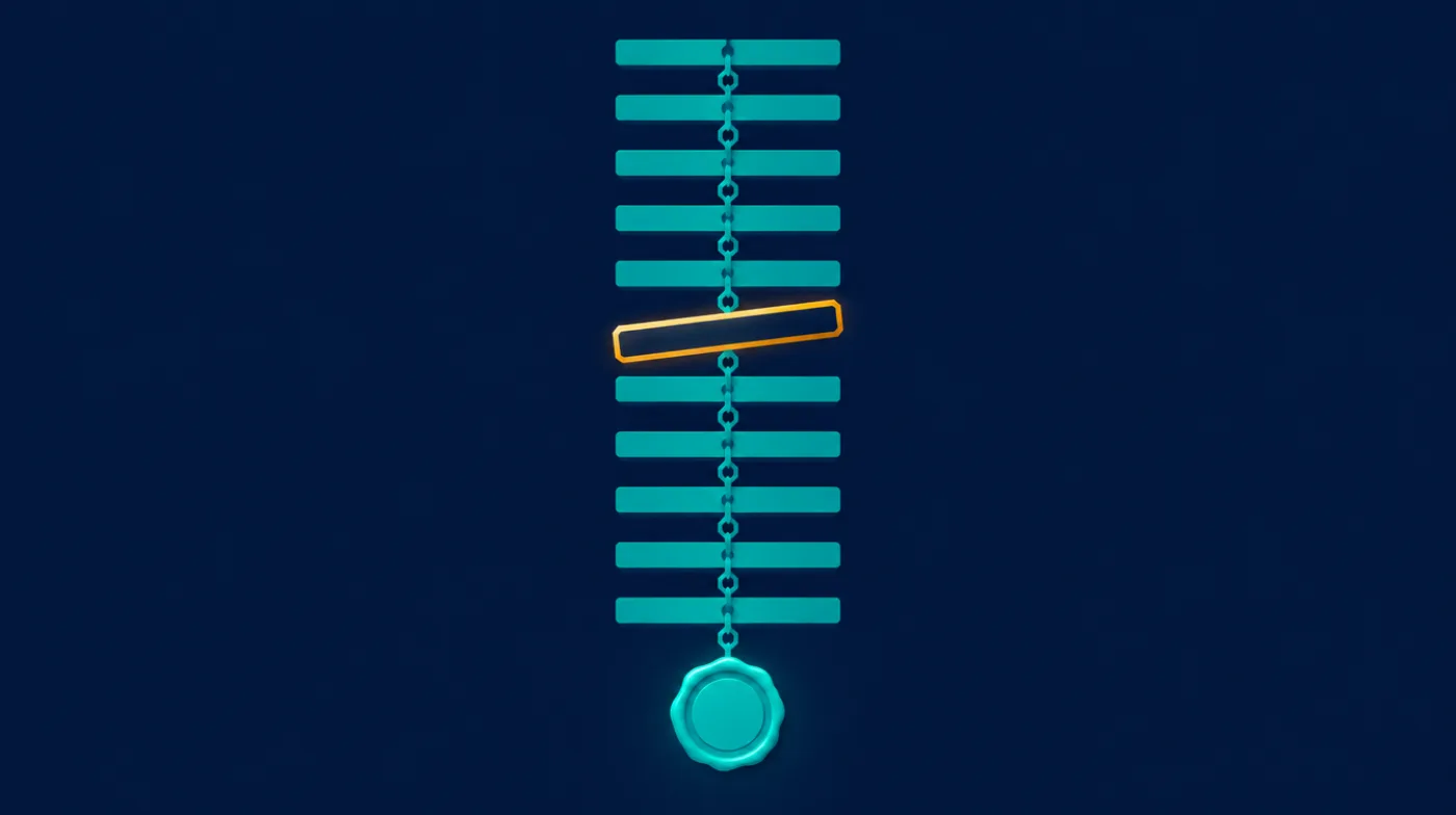 Chain of identical log lines one below the other, sealed with a teal seal; one line is skewed and outlined in amber
