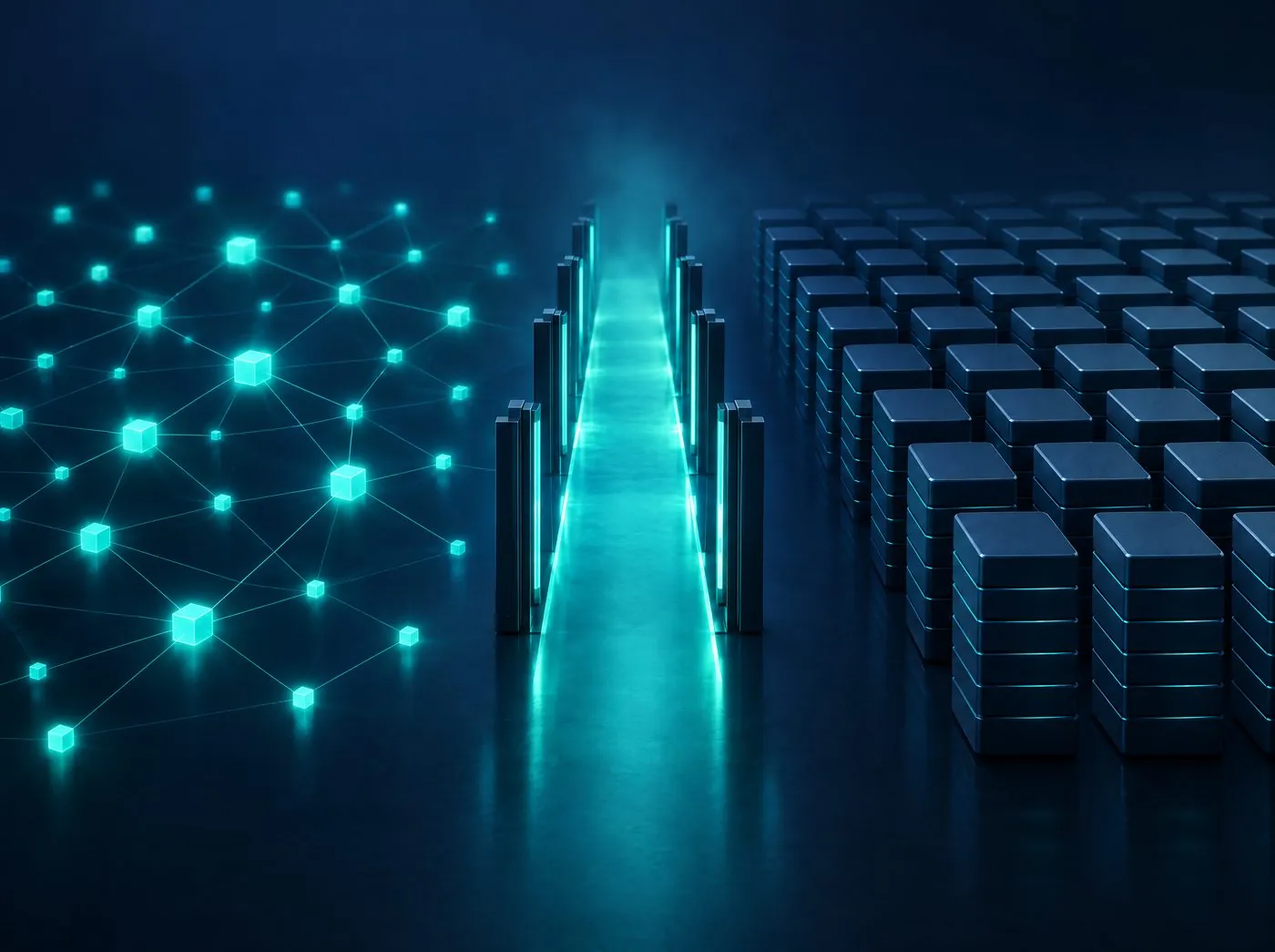 A lit corridor with gates between a network of AI nodes and an ordered row of data blocks, in navy and teal
