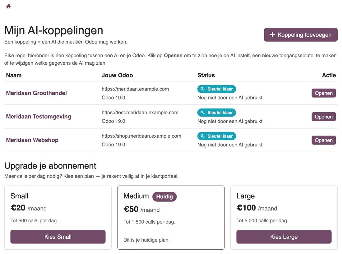 Overview with three connected Odoo environments, each with a status and a button to open it