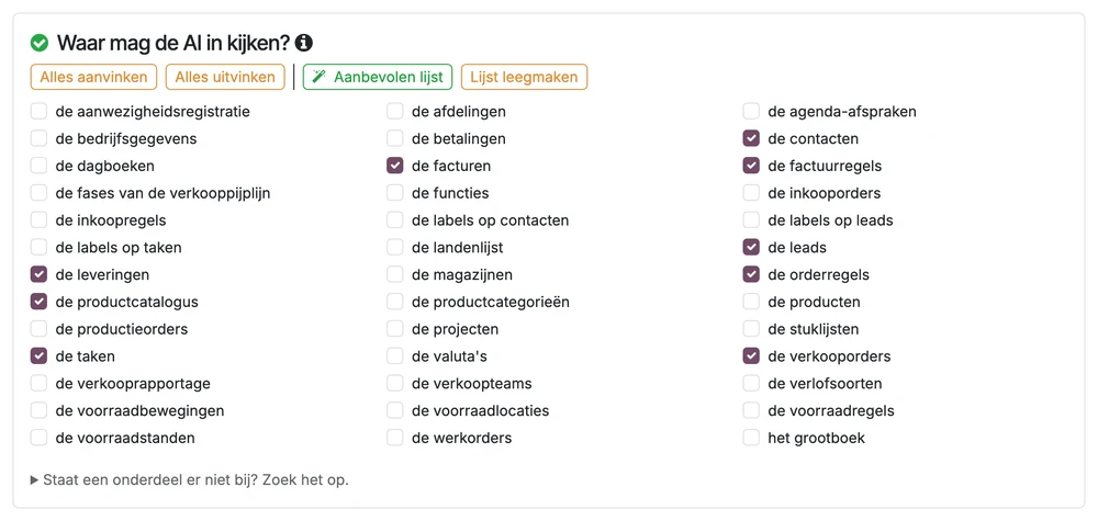 Portal screen with a tick box per part of Odoo: contacts, invoices, leads, order lines, tasks